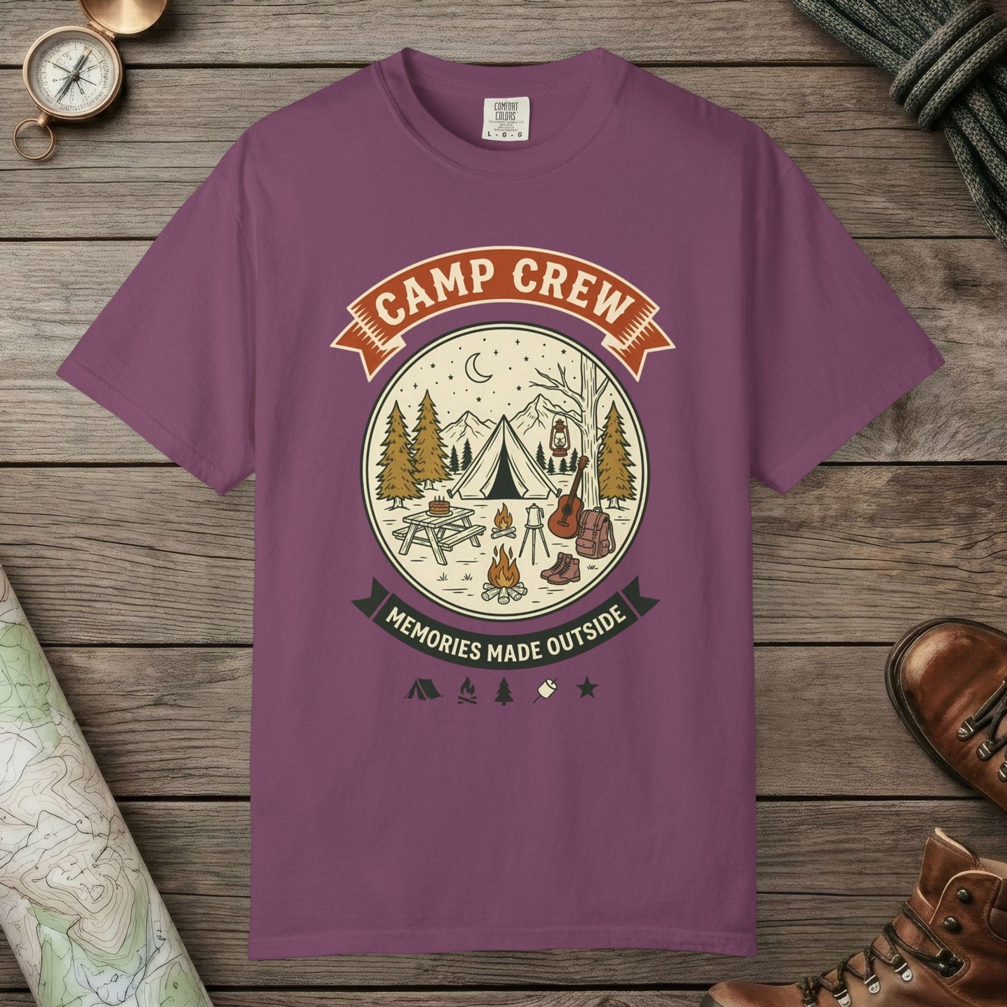 Berry color unisex graphic t-shirt with "Camp Crew Vintage" design