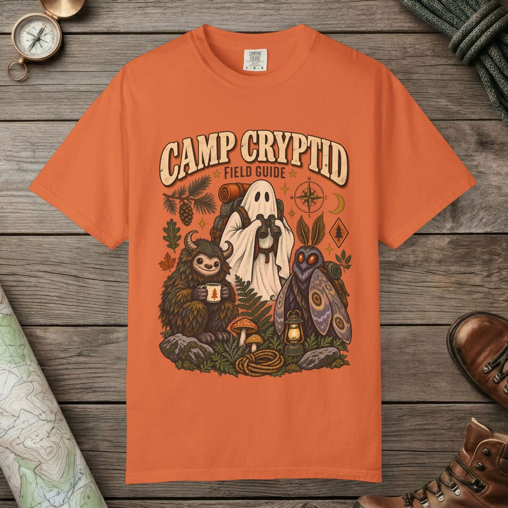 Burnt Orange color unisex graphic t-shirt with "Camp Cryptid" design