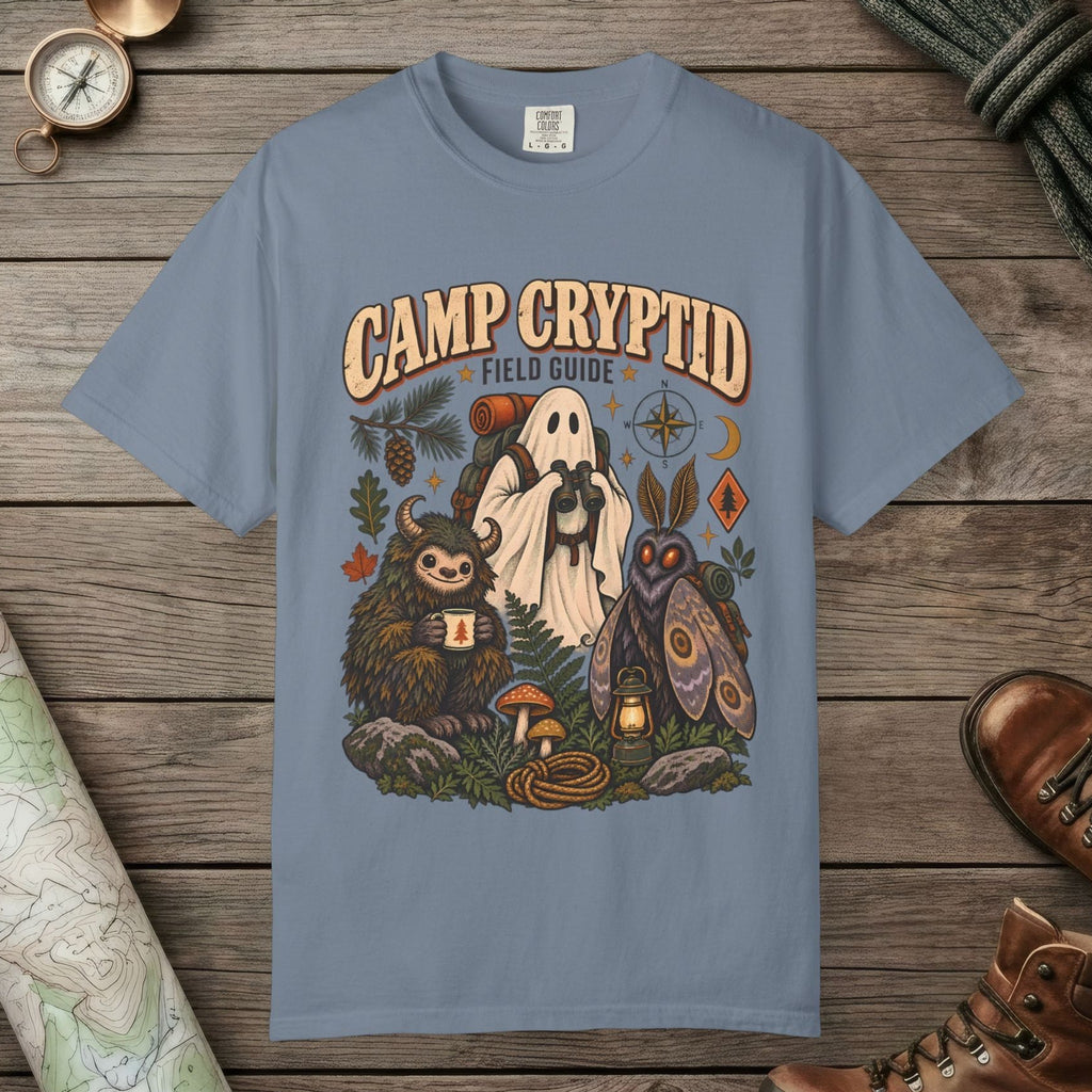 Blue Jean color unisex graphic t-shirt with "Camp Cryptid" design