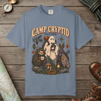 Blue Jean color unisex graphic t-shirt with "Camp Cryptid" design