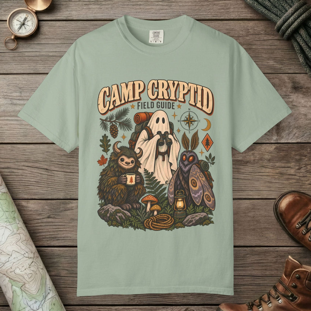 Bay color unisex graphic t-shirt with "Camp Cryptid" design