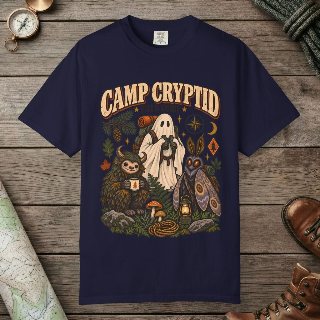 True Navy color unisex graphic t-shirt with "Camp Cryptid" design