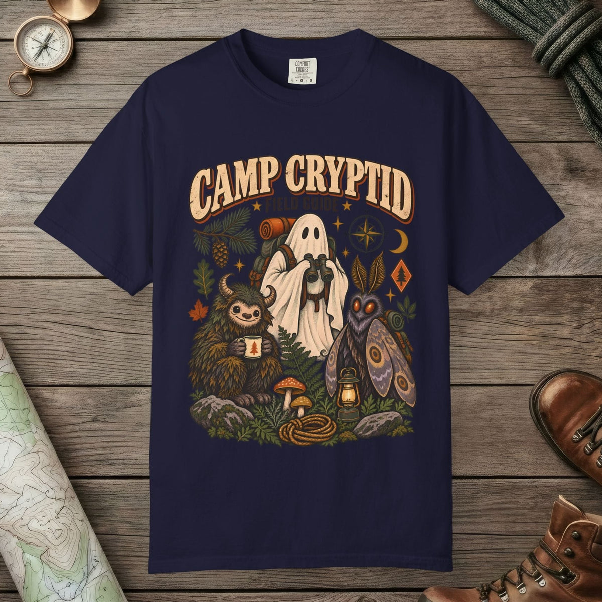 True Navy color unisex graphic t-shirt with "Camp Cryptid" design