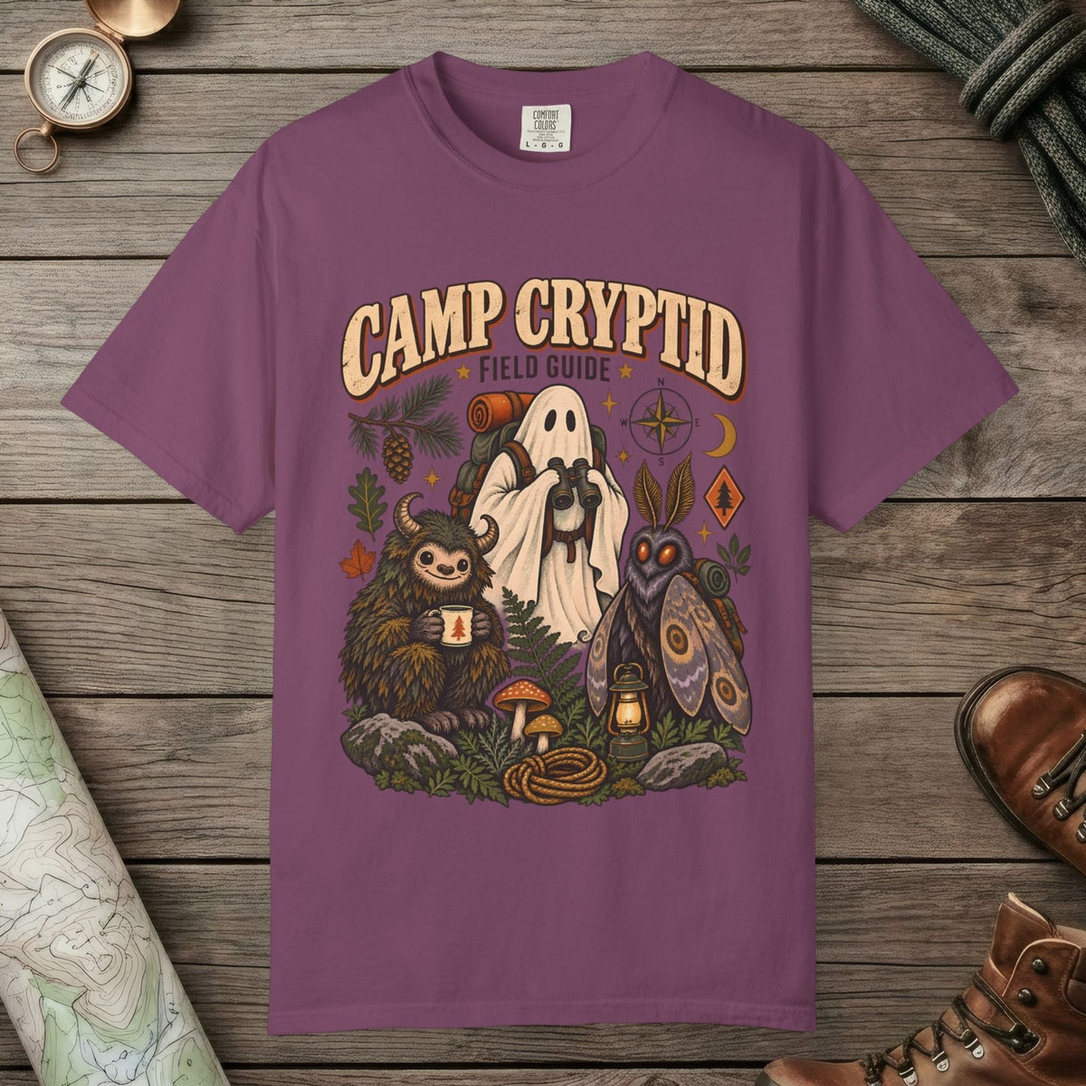 Berry color unisex graphic t-shirt with "Camp Cryptid" design