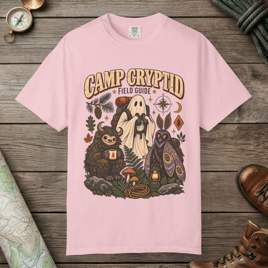 Blossom color unisex graphic t-shirt with "Camp Cryptid" design