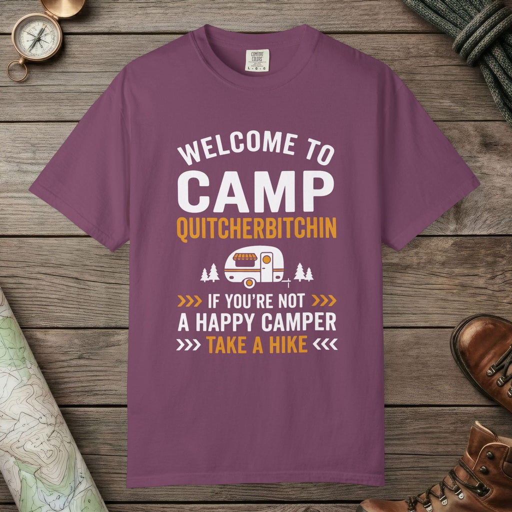 Berry color unisex graphic t-shirt with "Camp Quitcherbitchin" design