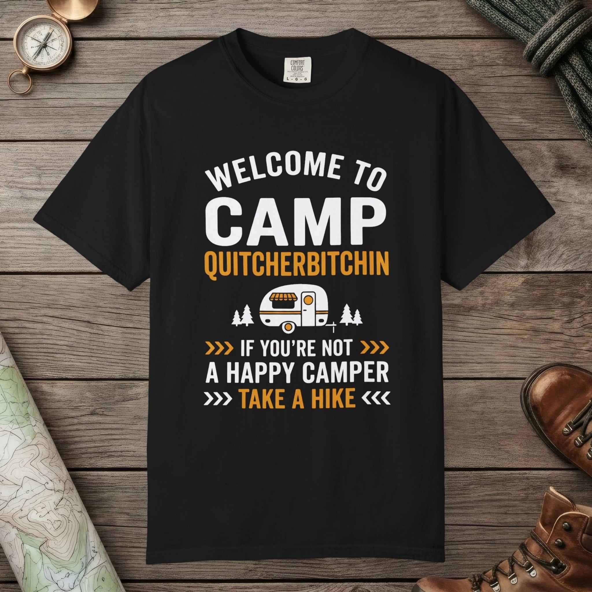 Black color unisex graphic t-shirt with "Camp Quitcherbitchin" design