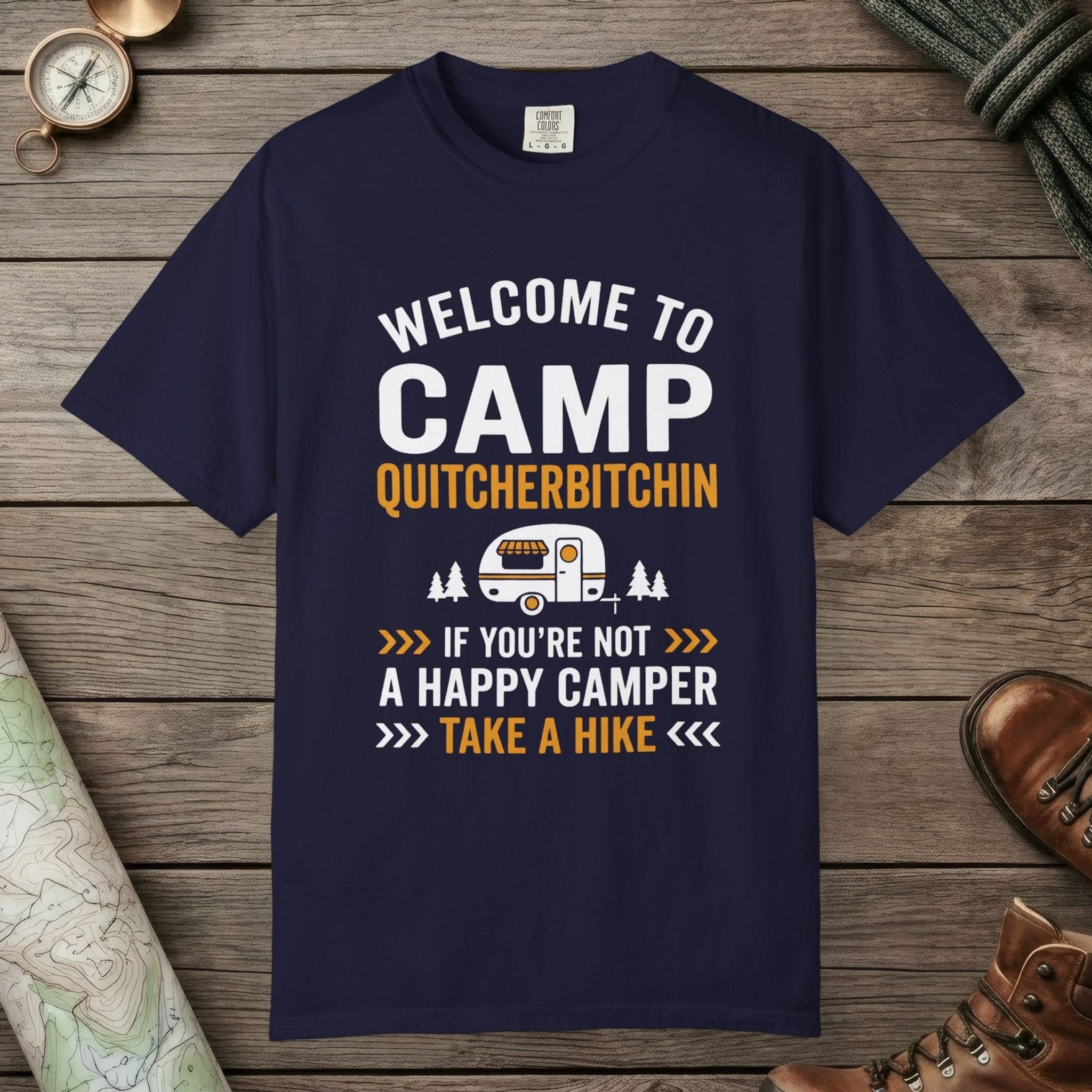 True Navy color unisex graphic t-shirt with "Camp Quitcherbitchin" design