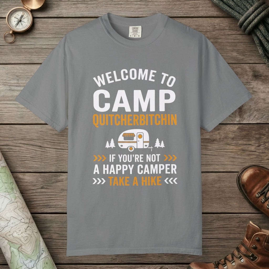 Grey color unisex graphic t-shirt with "Camp Quitcherbitchin" design