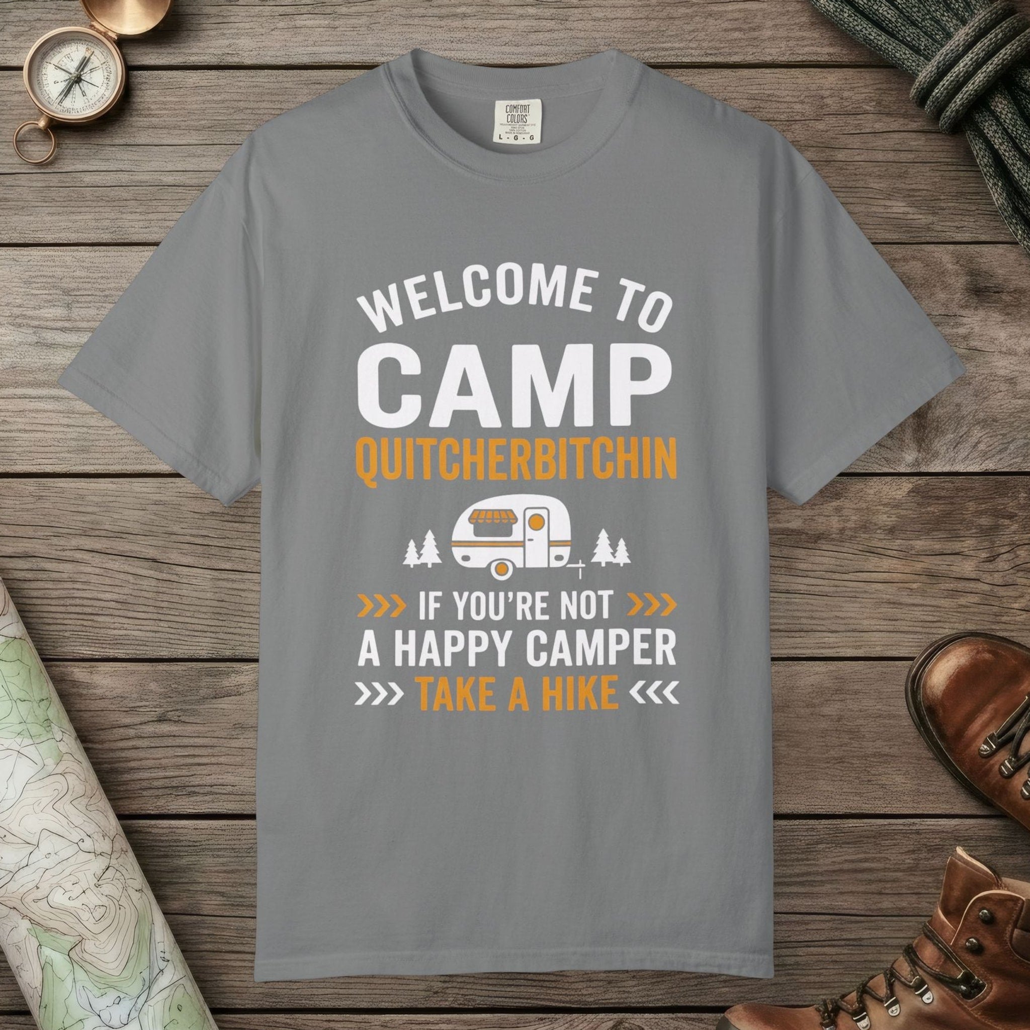 Grey color unisex graphic t-shirt with "Camp Quitcherbitchin" design
