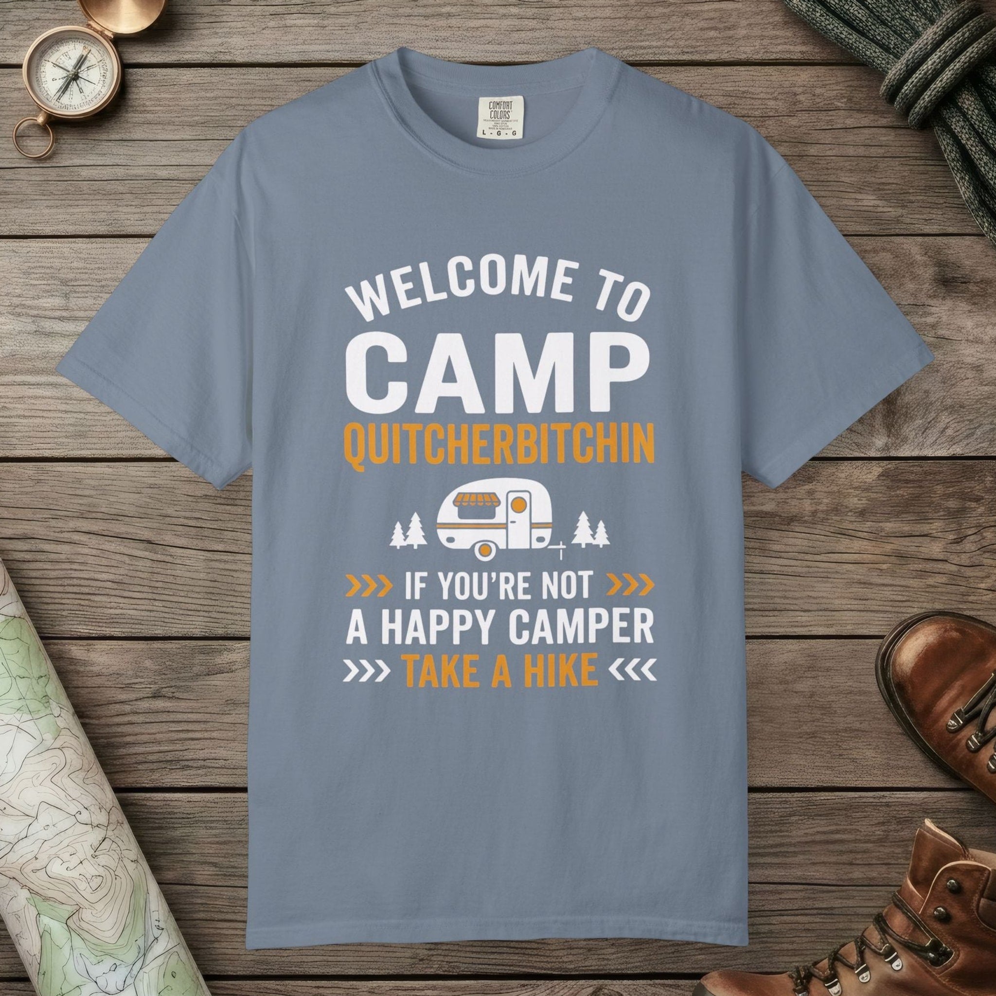Blue Jean color unisex graphic t-shirt with "Camp Quitcherbitchin" design