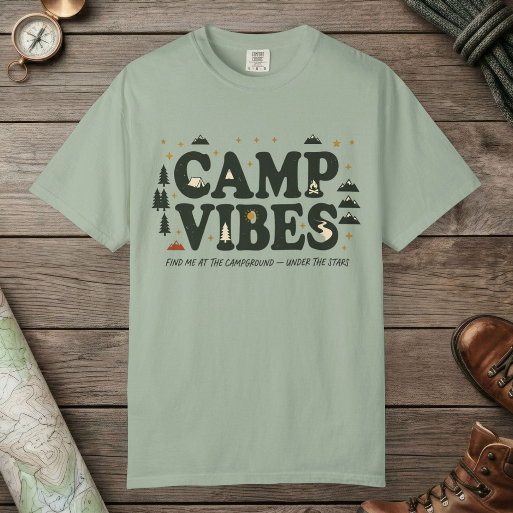 Bay color unisex graphic t-shirt with "Camp Vibes" design