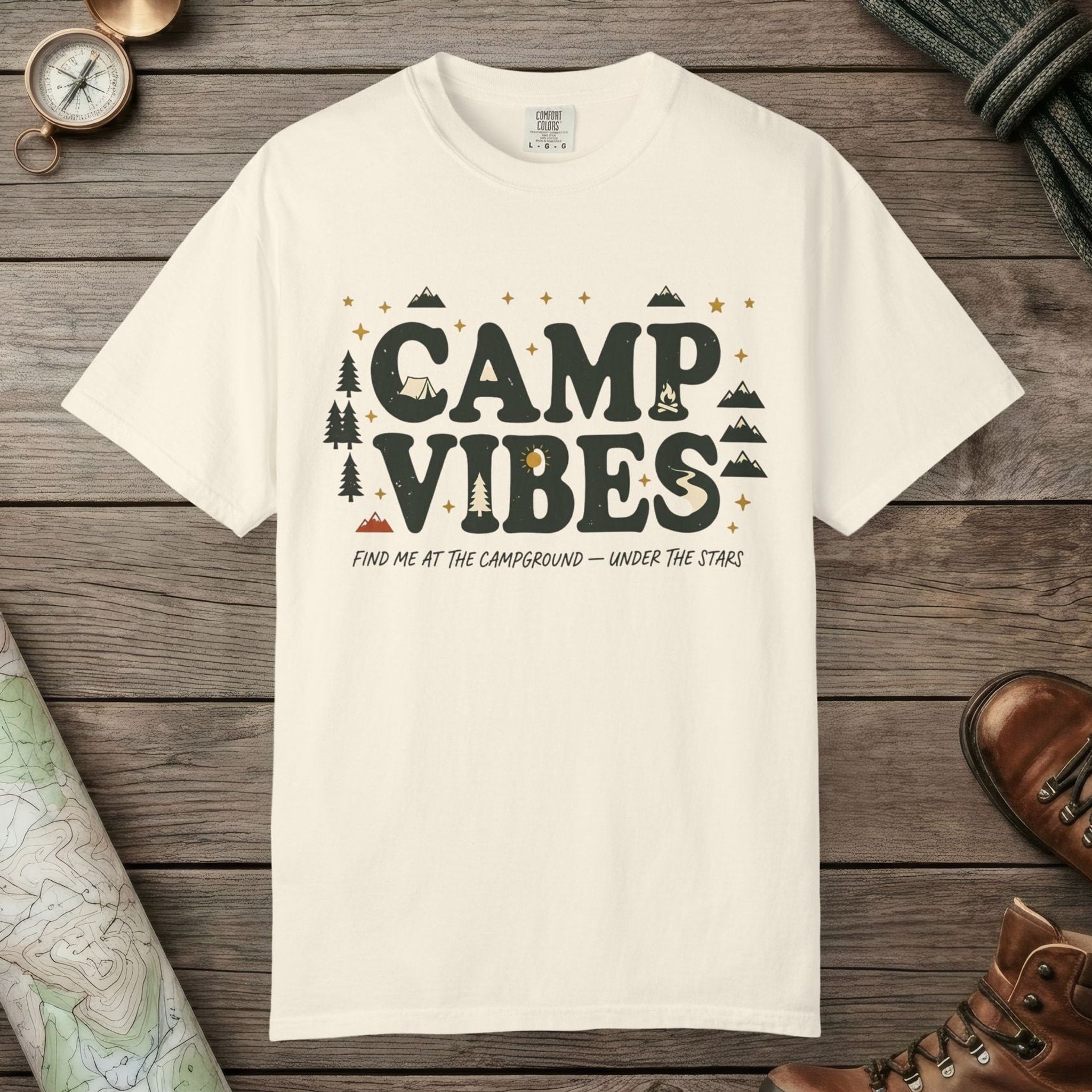 Ivory color unisex graphic t-shirt with "Camp Vibes" design
