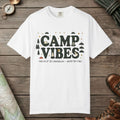White color unisex graphic t-shirt with "Camp Vibes" design