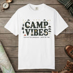 White color unisex graphic t-shirt with "Camp Vibes" design