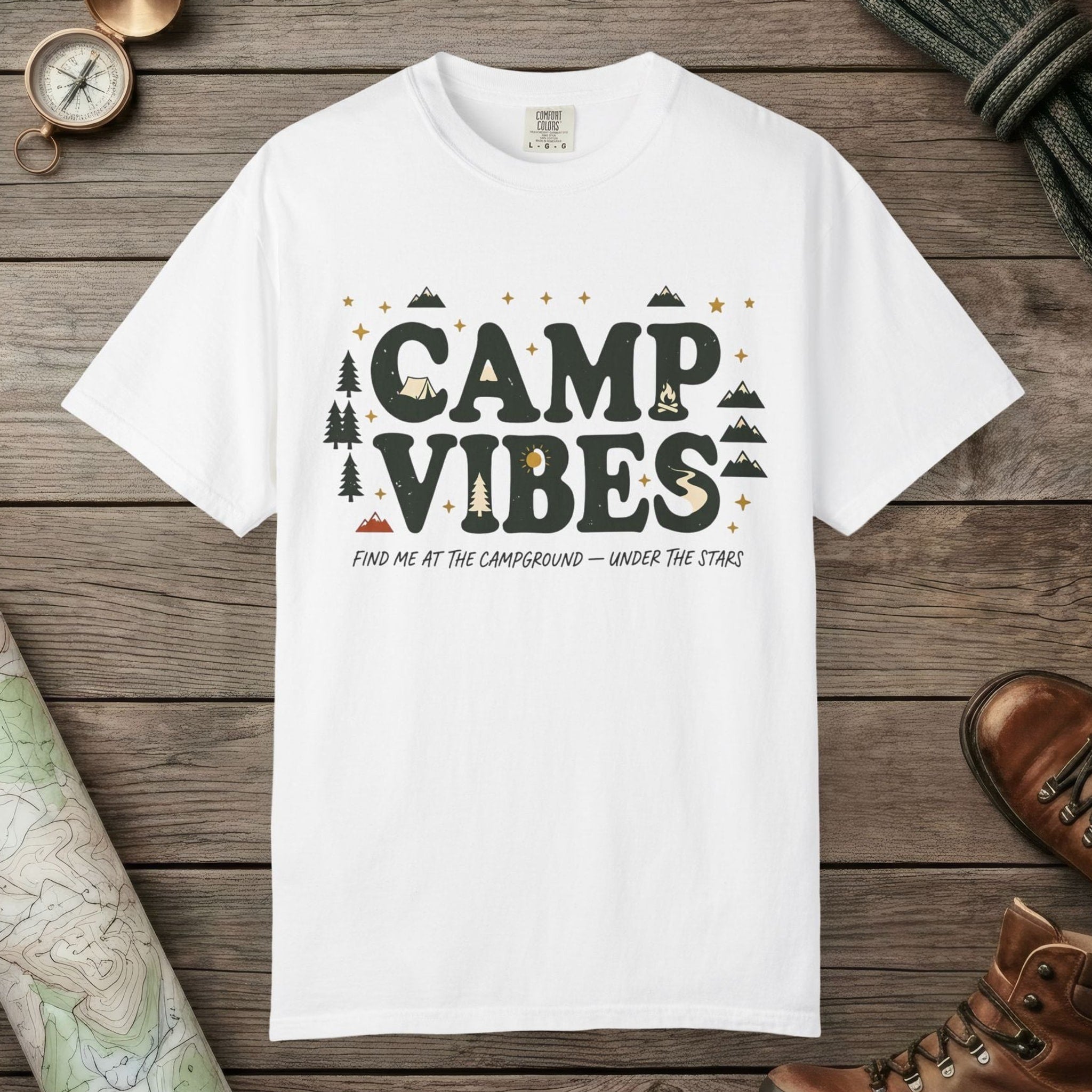 White color unisex graphic t-shirt with "Camp Vibes" design