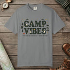 Grey color unisex graphic t-shirt with "Camp Vibes" design