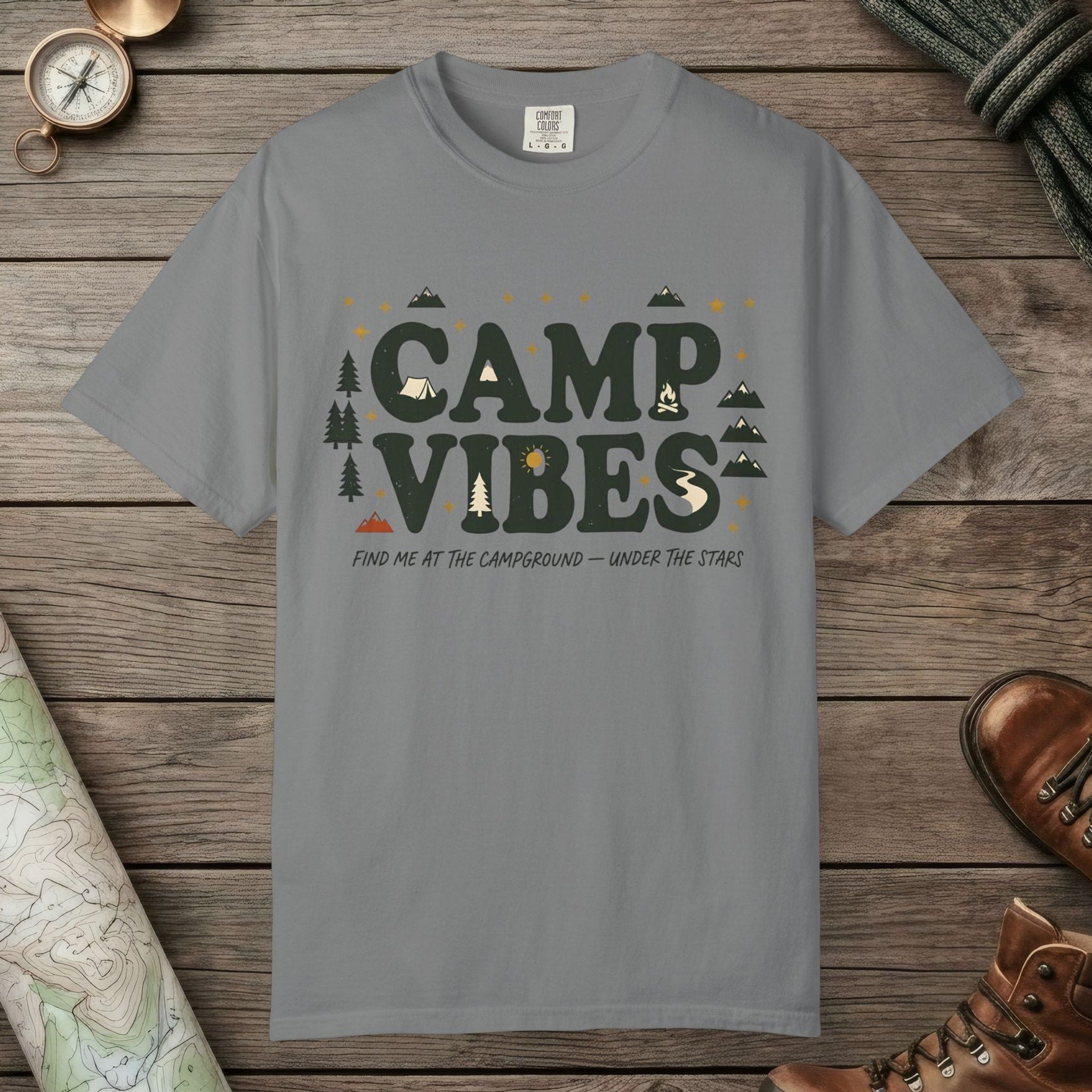 Grey color unisex graphic t-shirt with "Camp Vibes" design