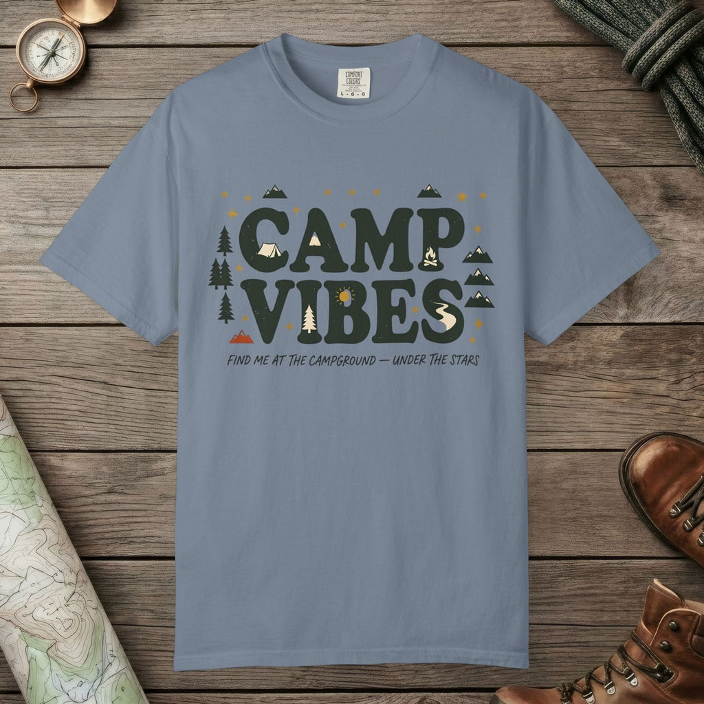 Blue Jean color unisex graphic t-shirt with "Camp Vibes" design