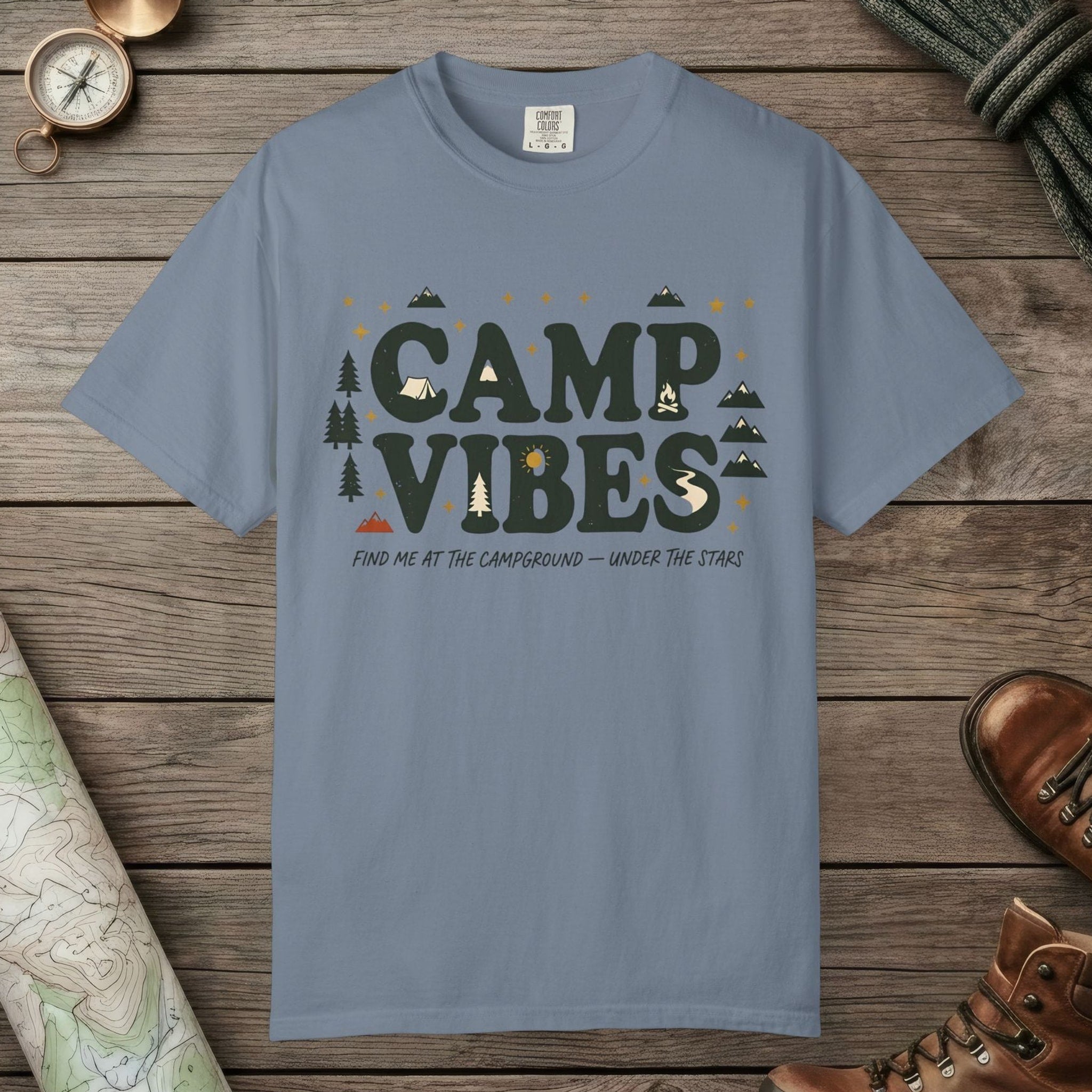 Blue Jean color unisex graphic t-shirt with "Camp Vibes" design