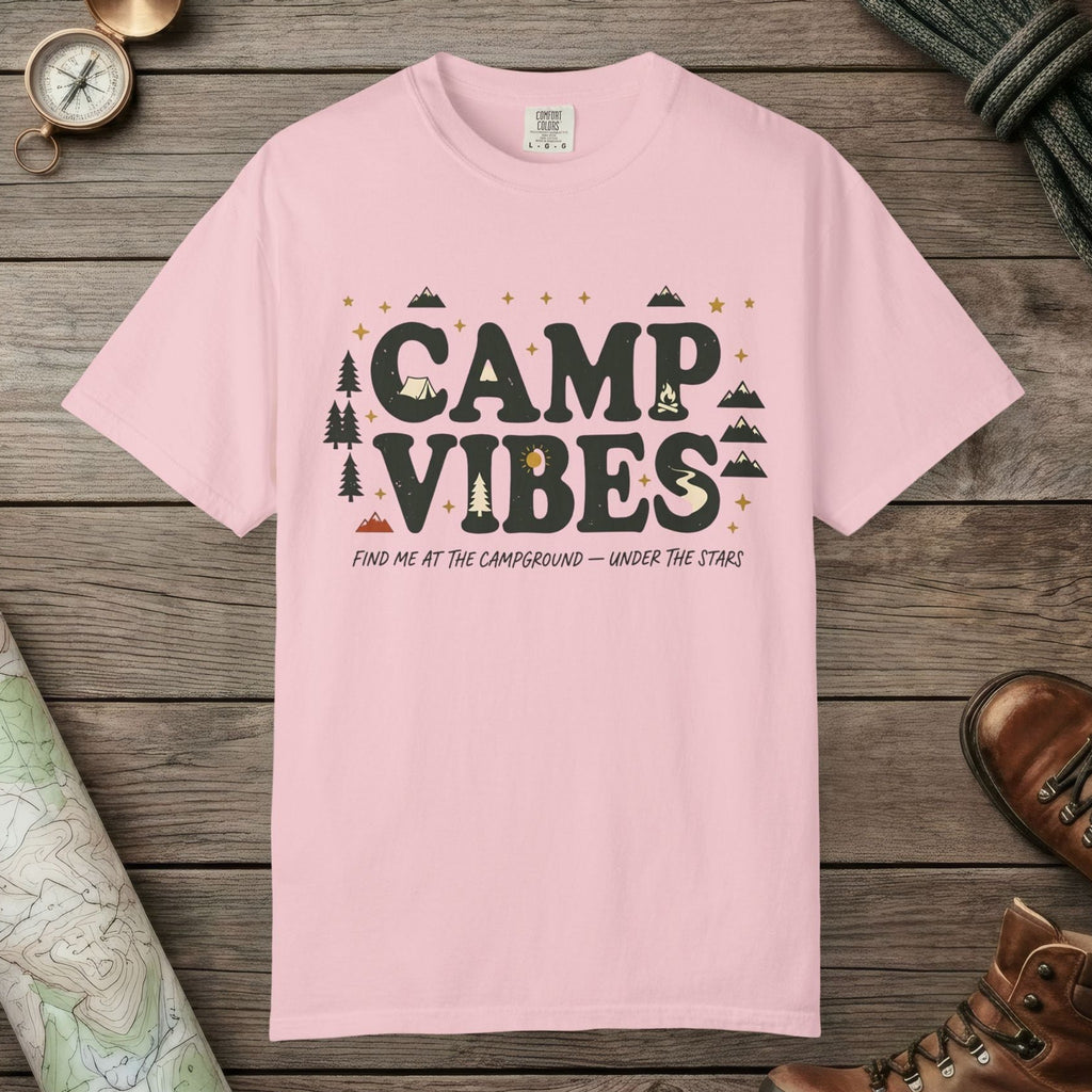 Blossom color unisex graphic t-shirt with "Camp Vibes" design
