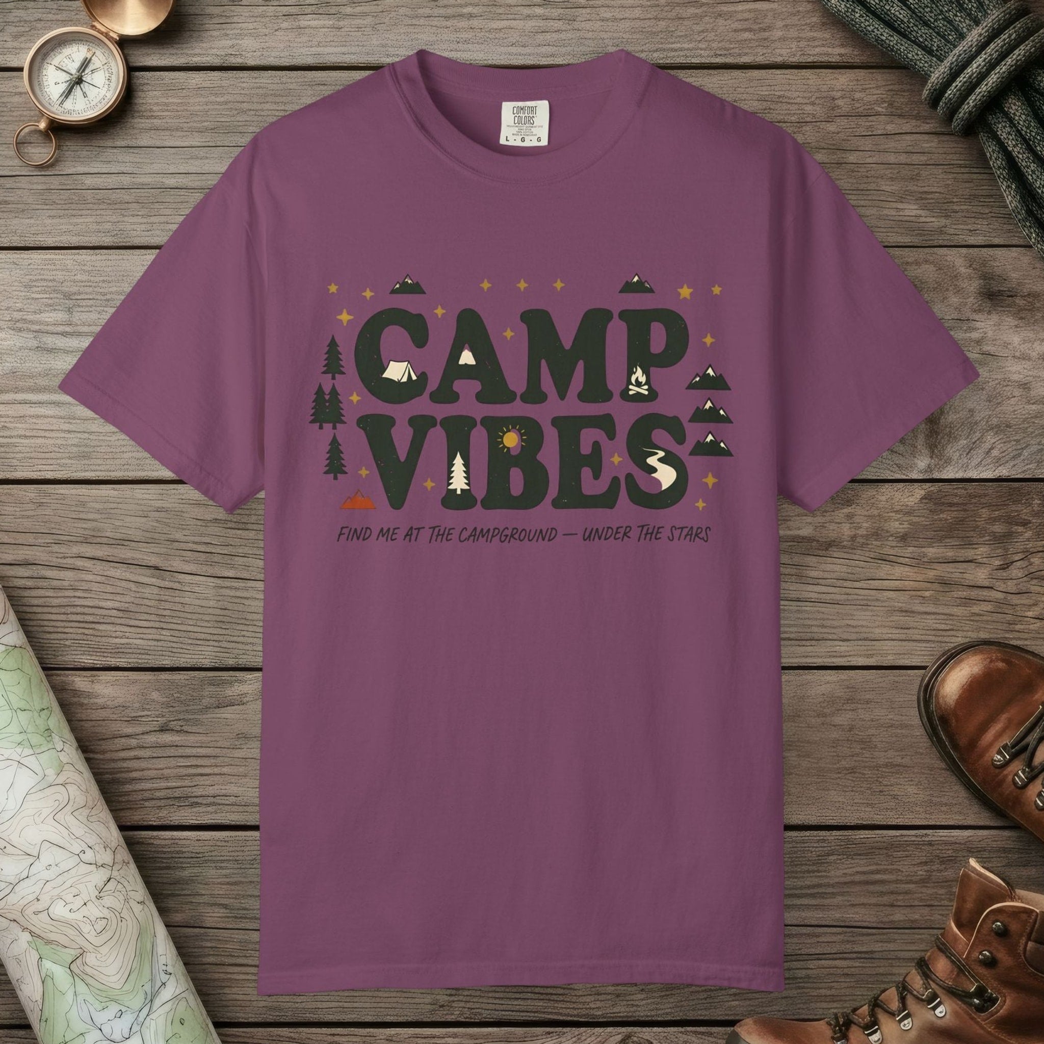 Berry color unisex graphic t-shirt with "Camp Vibes" design