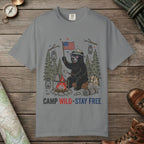 Grey color unisex graphic t-shirt with "Camp Wild Bear" design