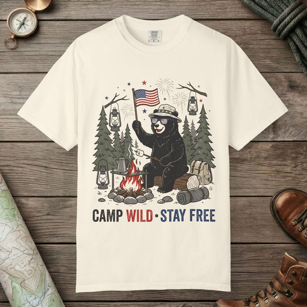 Ivory color unisex graphic t-shirt with "Camp Wild Bear" design