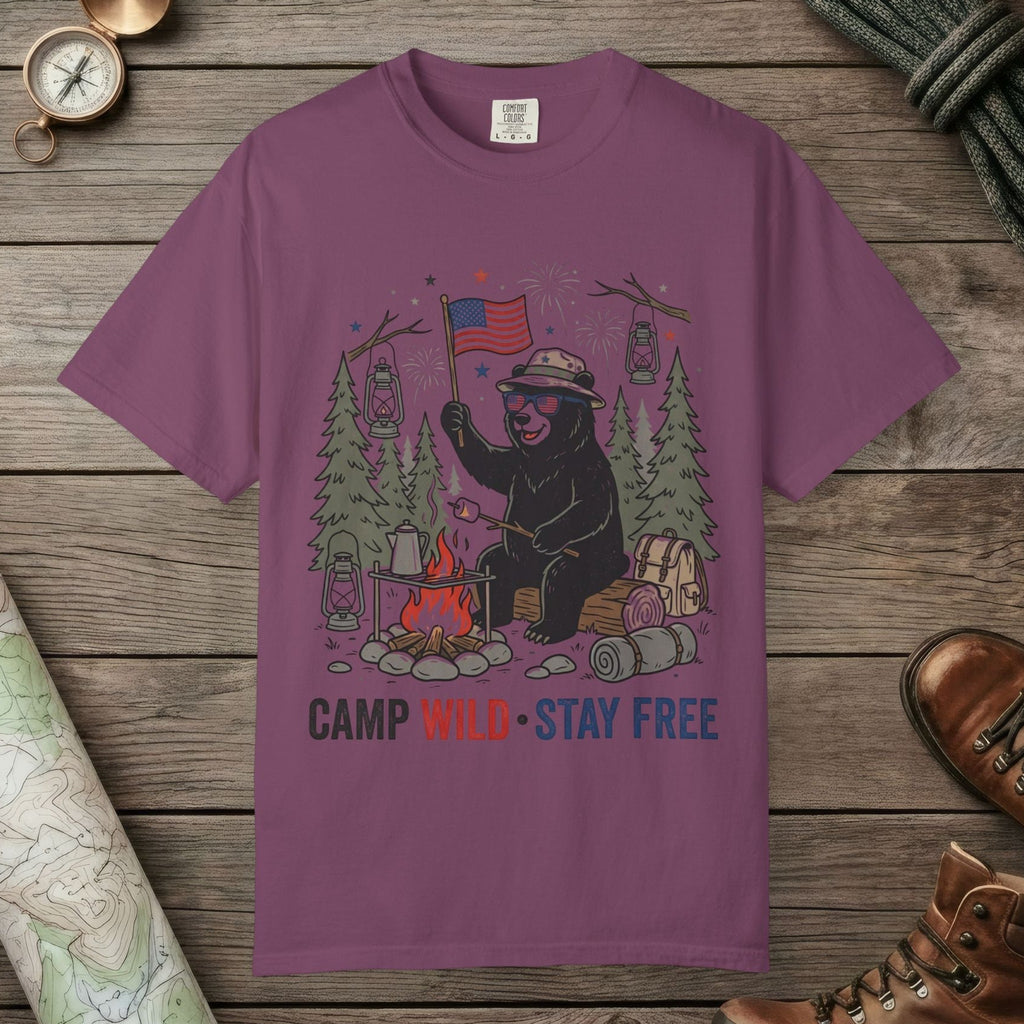 Berry color unisex graphic t-shirt with "Camp Wild Bear" design