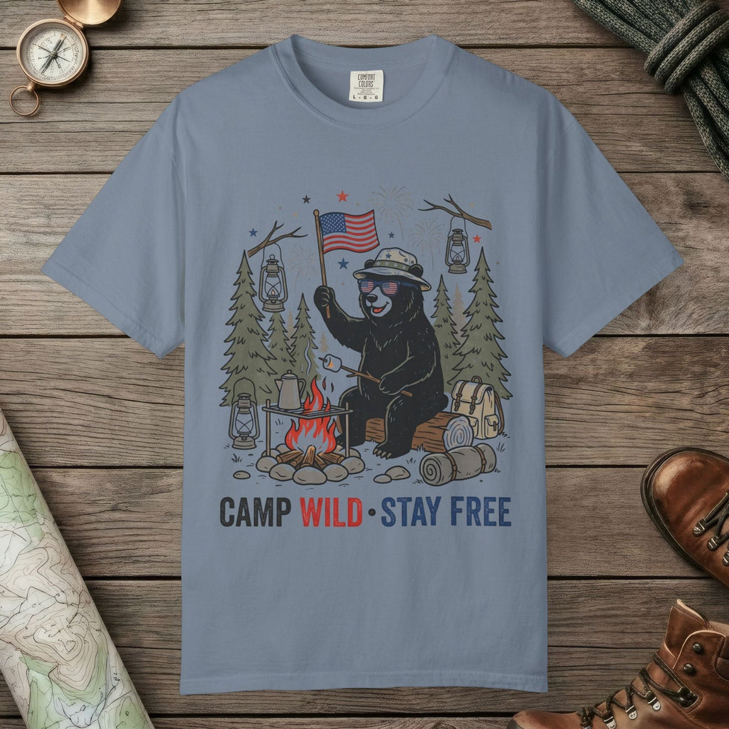 Blue Jean color unisex graphic t-shirt with "Camp Wild Bear" design