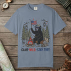 Blue Jean color unisex graphic t-shirt with "Camp Wild Bear" design