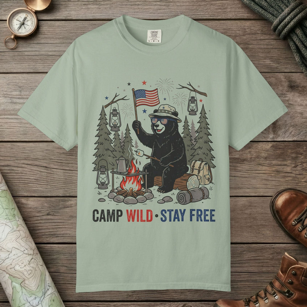 Bay color unisex graphic t-shirt with "Camp Wild Bear" design