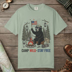 Bay color unisex graphic t-shirt with "Camp Wild Bear" design
