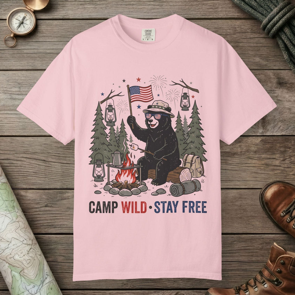 Blossom color unisex graphic t-shirt with "Camp Wild Bear" design