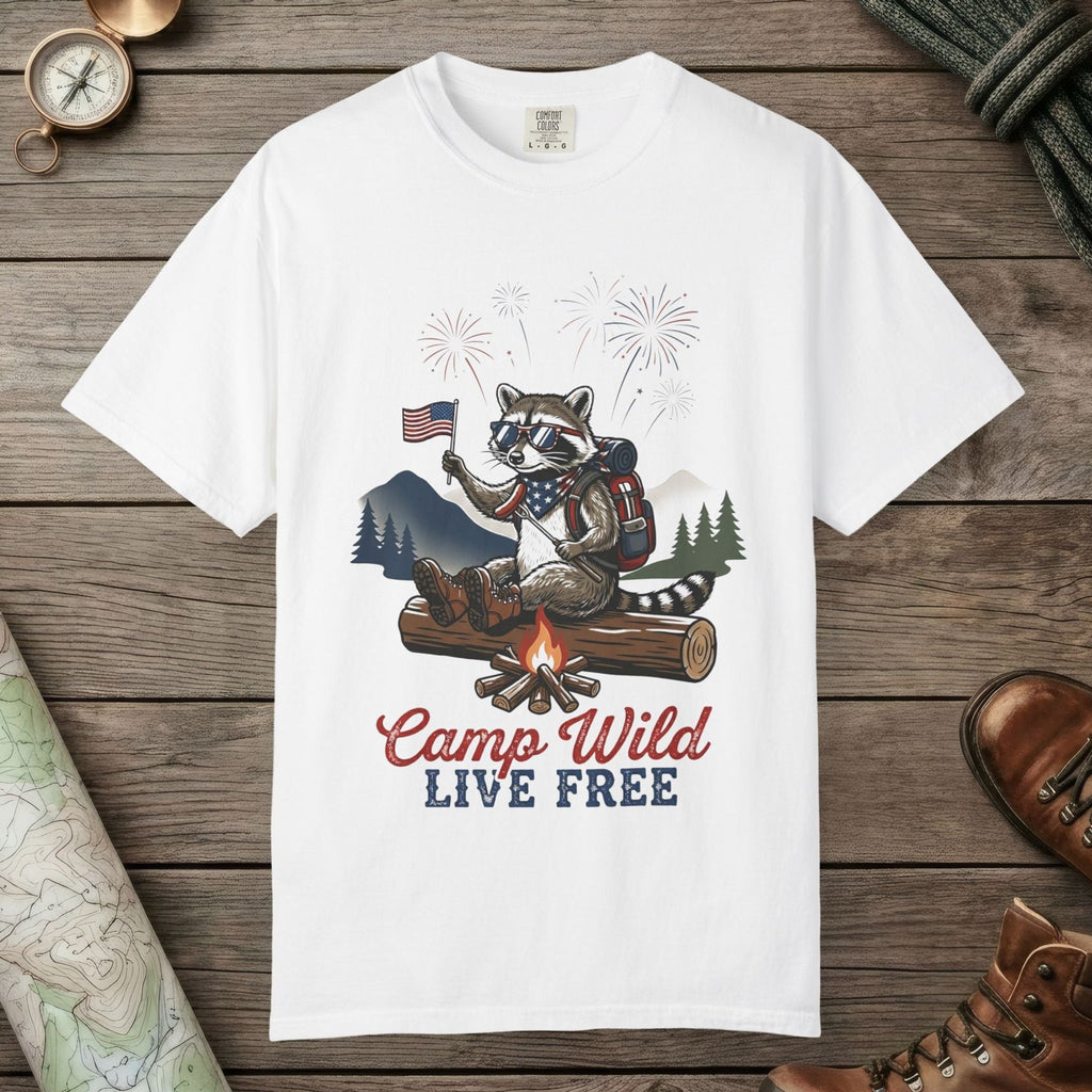 White color unisex graphic t-shirt with "Camp Wild" design