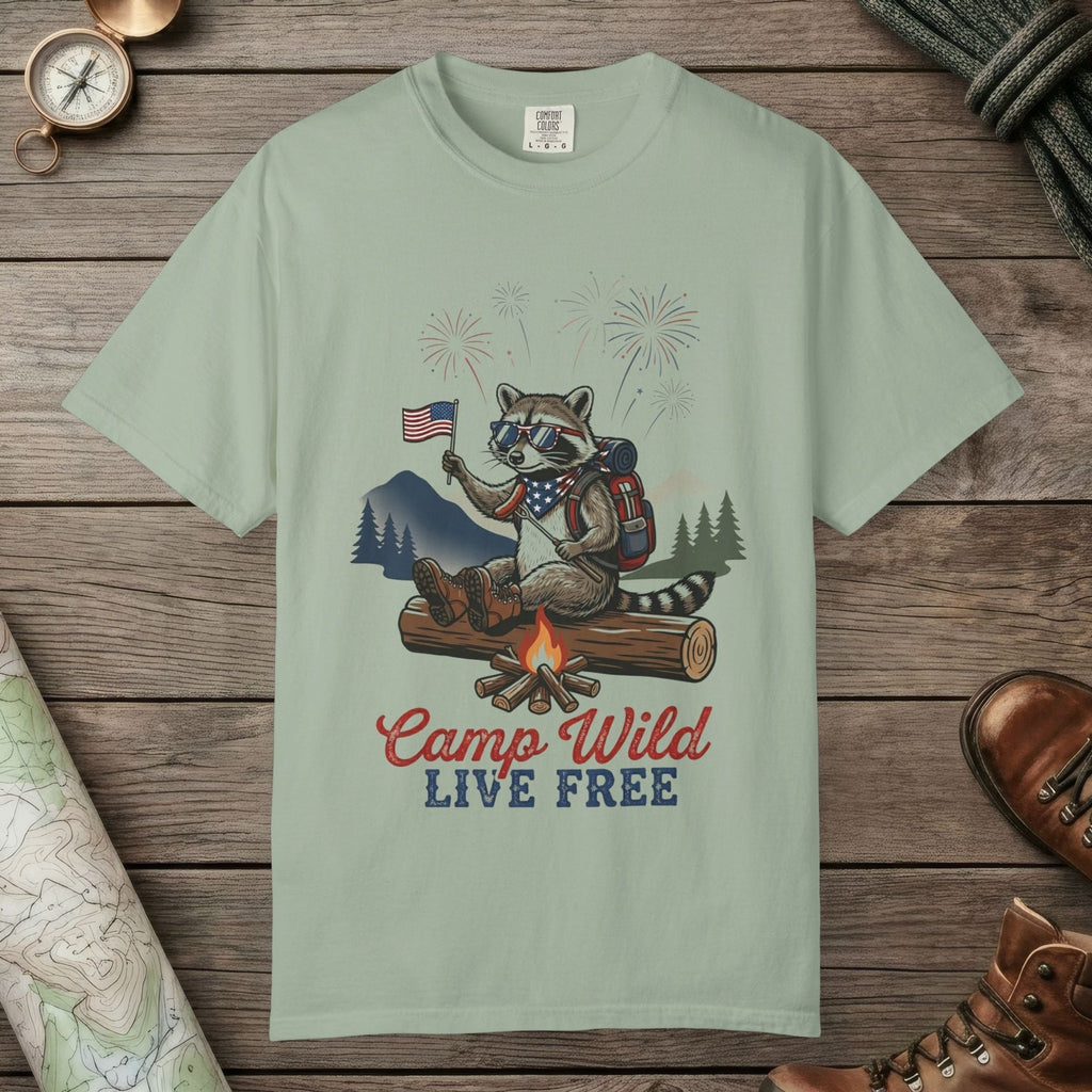 Bay color unisex graphic t-shirt with "Camp Wild" design