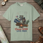 Bay color unisex graphic t-shirt with "Camp Wild" design