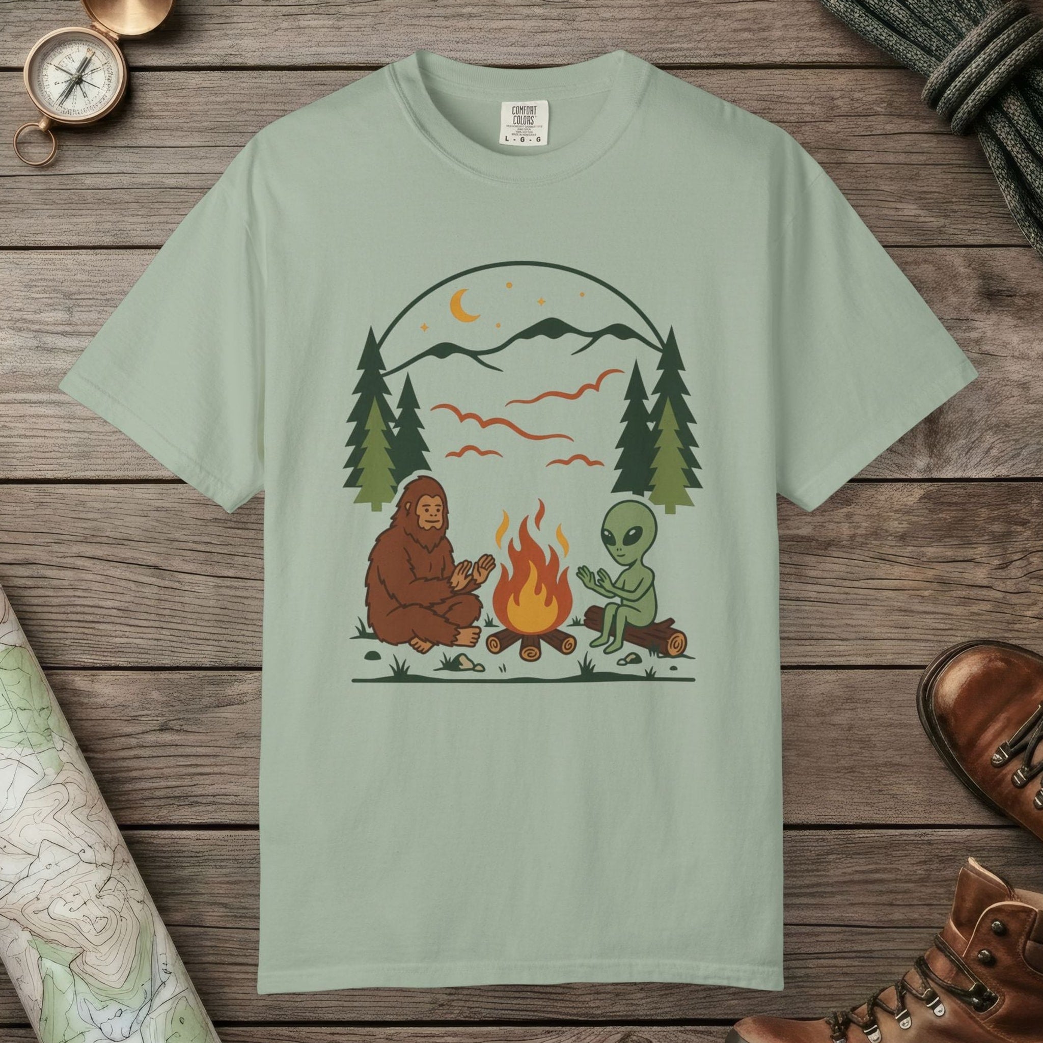 Bay color unisex graphic t-shirt with "Campfire Friends" design