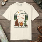 Ivory color unisex graphic t-shirt with "Campfire Friends" design