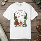 White color unisex graphic t-shirt with "Campfire Friends" design