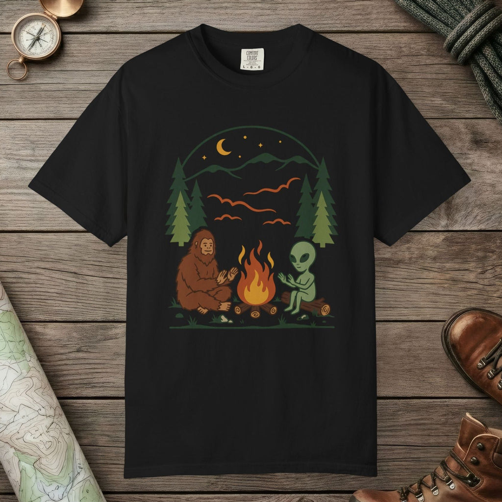 Black color unisex graphic t-shirt with "Campfire Friends" design