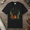 Black color unisex graphic t-shirt with "Campfire Friends" design