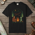 Black color unisex graphic t-shirt with "Campfire Friends" design