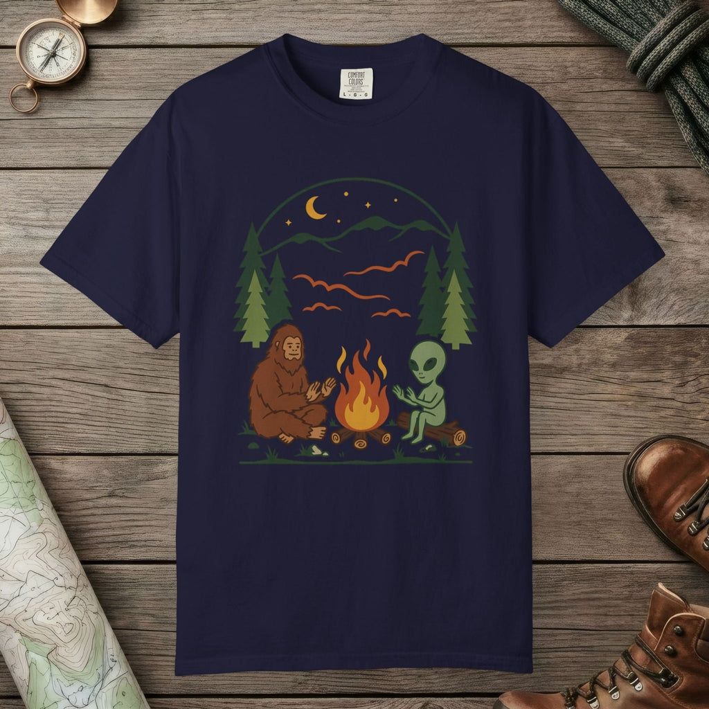 True Navy color unisex graphic t-shirt with "Campfire Friends" design