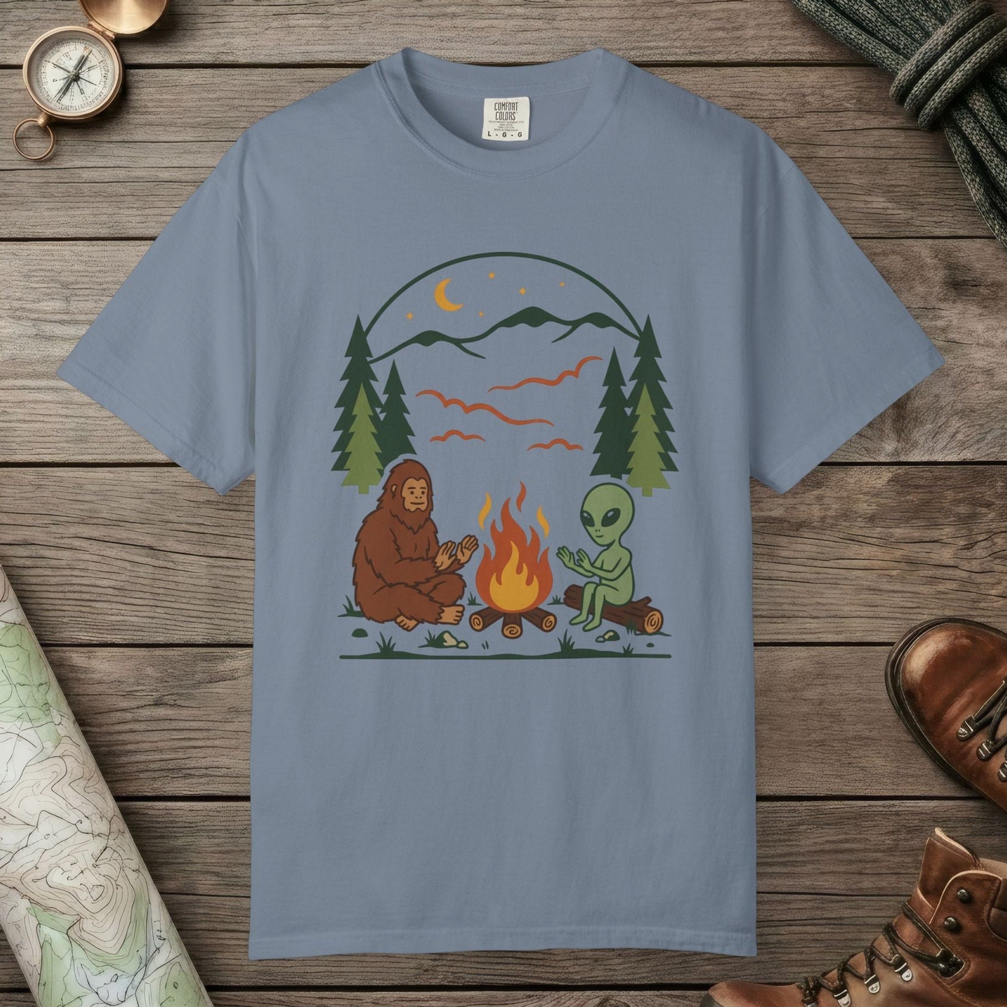 Blue Jean color unisex graphic t-shirt with "Campfire Friends" design