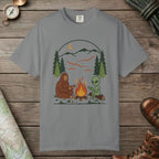Grey color unisex graphic t-shirt with "Campfire Friends" design