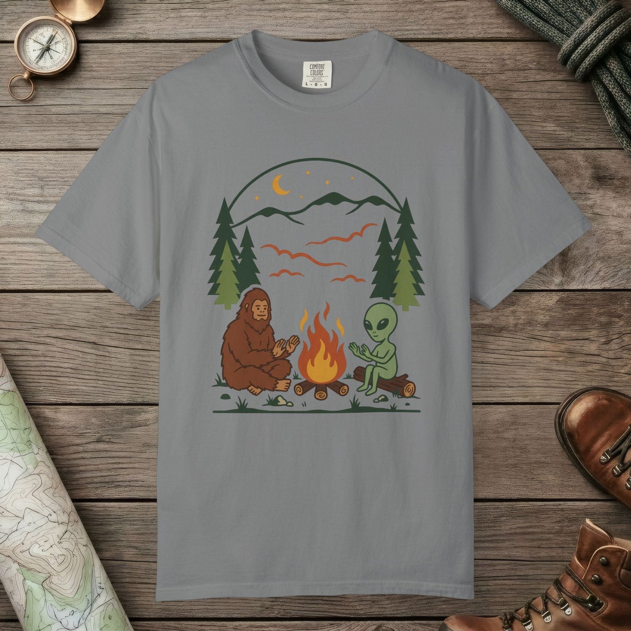 Grey color unisex graphic t-shirt with "Campfire Friends" design