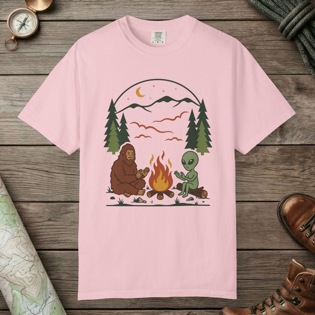 Blossom color unisex graphic t-shirt with "Campfire Friends" design