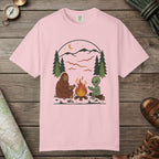 Blossom color unisex graphic t-shirt with "Campfire Friends" design