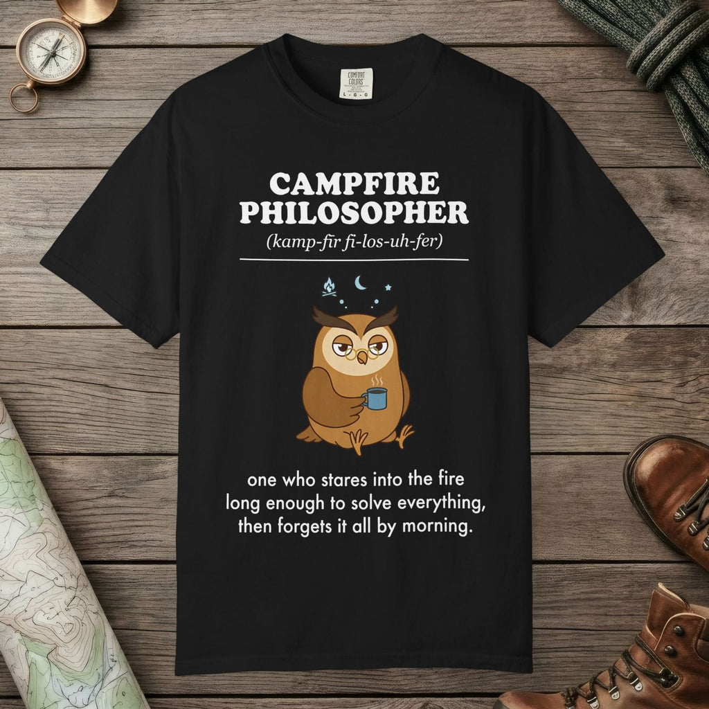 Black color unisex graphic t-shirt with "Campfire Philosopher Definition" design